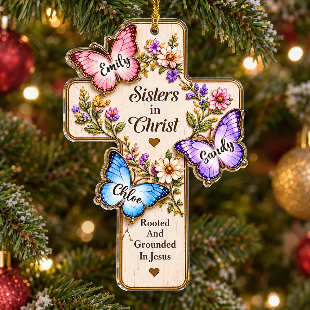 Personalized Acrylic Ornament, Sisters in Christ Floral Butterfly Cross, Unique Christmas Gift for Faithful Friends