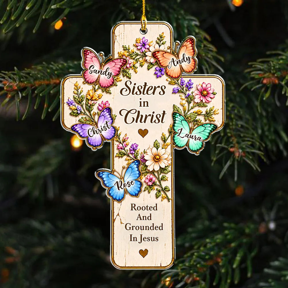 Personalized Acrylic Ornament, Sisters in Christ Floral Butterfly Cross, Unique Christmas Gift for Faithful Friends