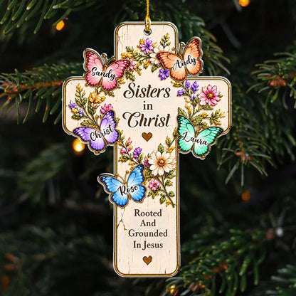 Personalized Acrylic Ornament, Sisters in Christ Floral Butterfly Cross, Unique Christmas Gift for Faithful Friends