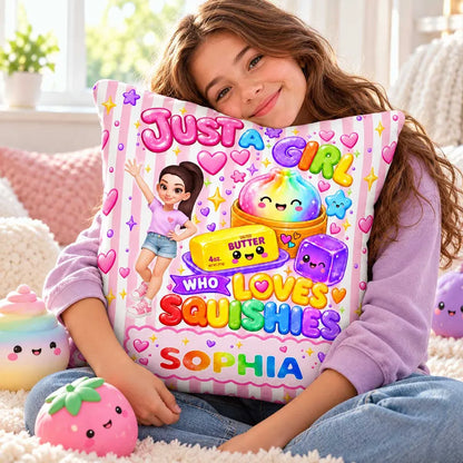 Personalized Square Pillow, Cute Squishy Art With Waving Girl, Pink Rainbow Decor, Unique Gift for Daughter