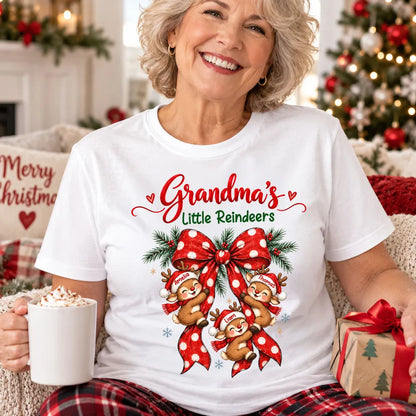 Personalized Grandma Christmas Sweatshirt, Cute Reindeer Hugging Red Bow, Unique Family Gift