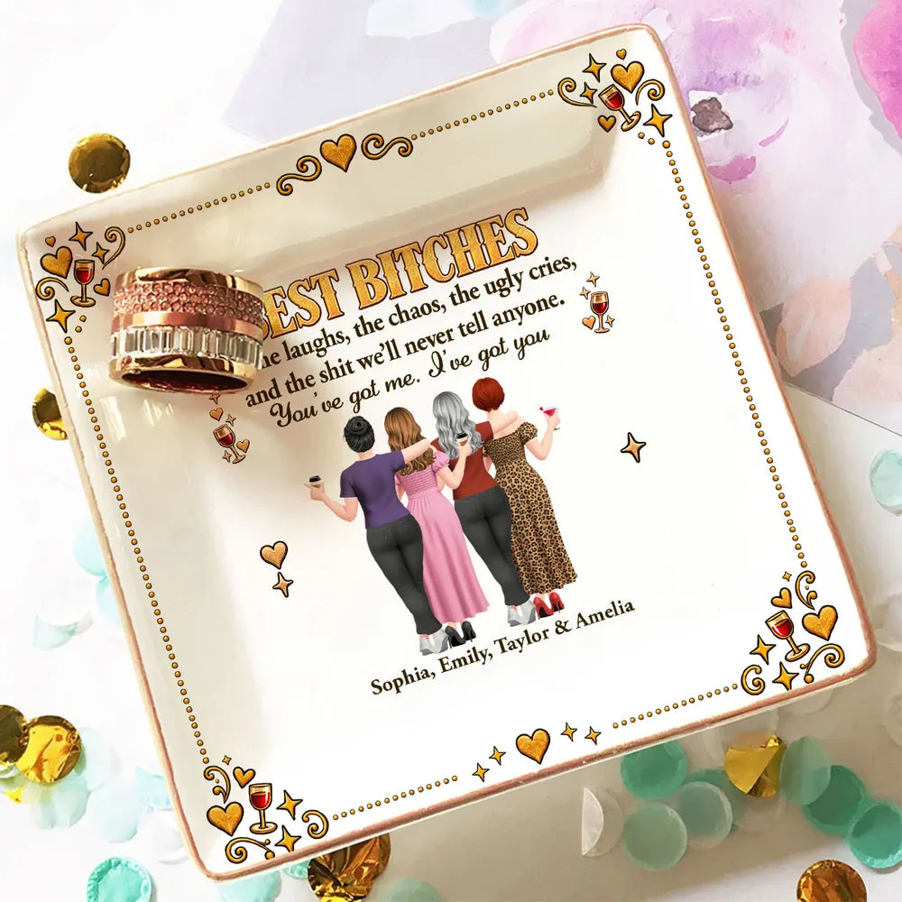Personalized Jewelry Dish, Arm in Arm Friends with Wine, Gold Accent Unique Gift for Close Friends
