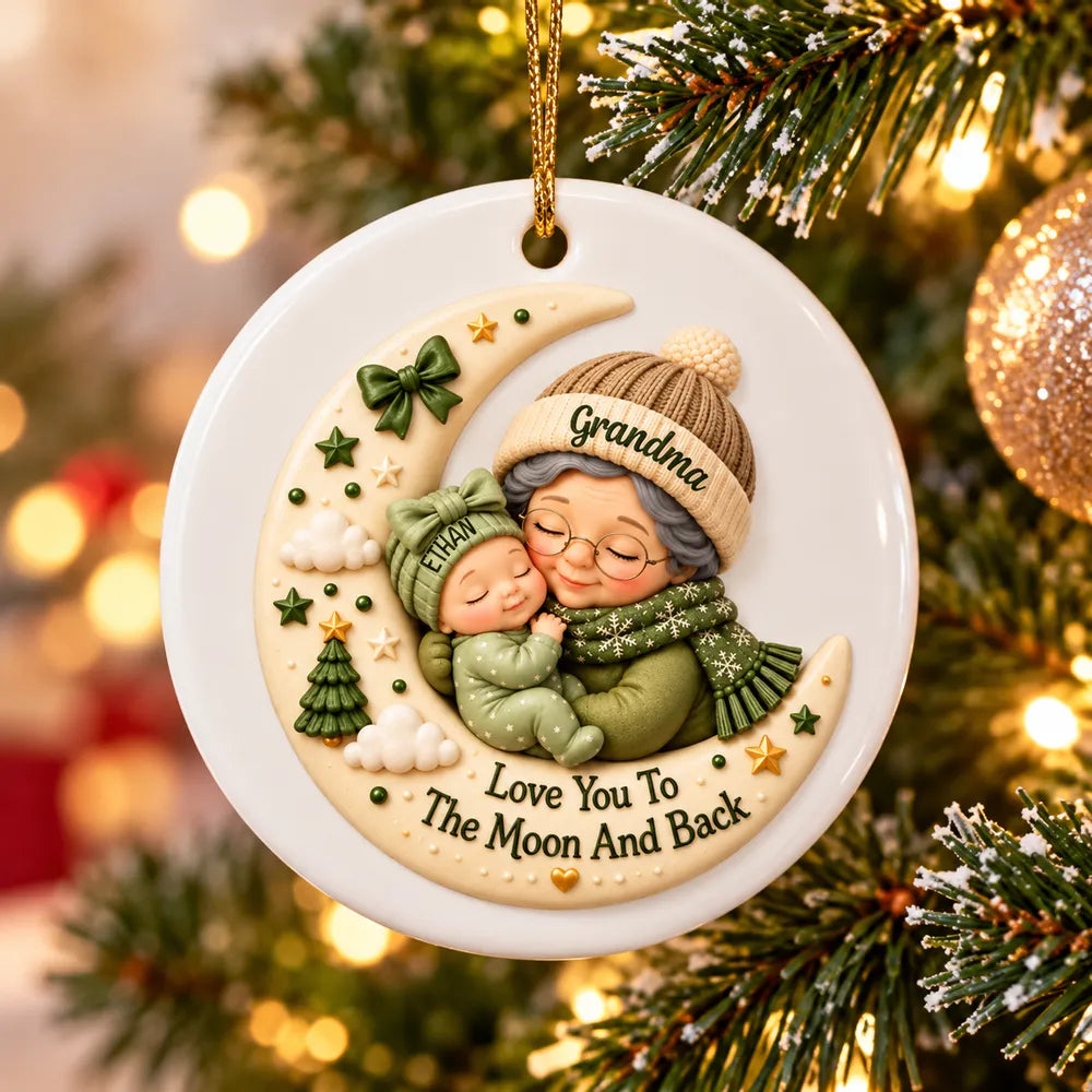 Personalized Square Pillow with Hugging Grandma and Baby on a Christmas Moon, Unique Gift for Grandma