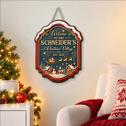 Personalized Wooden Sign with Vintage Christmas Village, Teal Red & Gold Door Decor, Unique Gift for Family