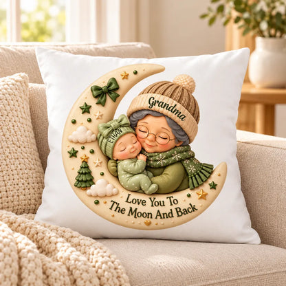 Personalized Square Pillow with Hugging Grandma and Baby on a Christmas Moon, Unique Gift for Grandma
