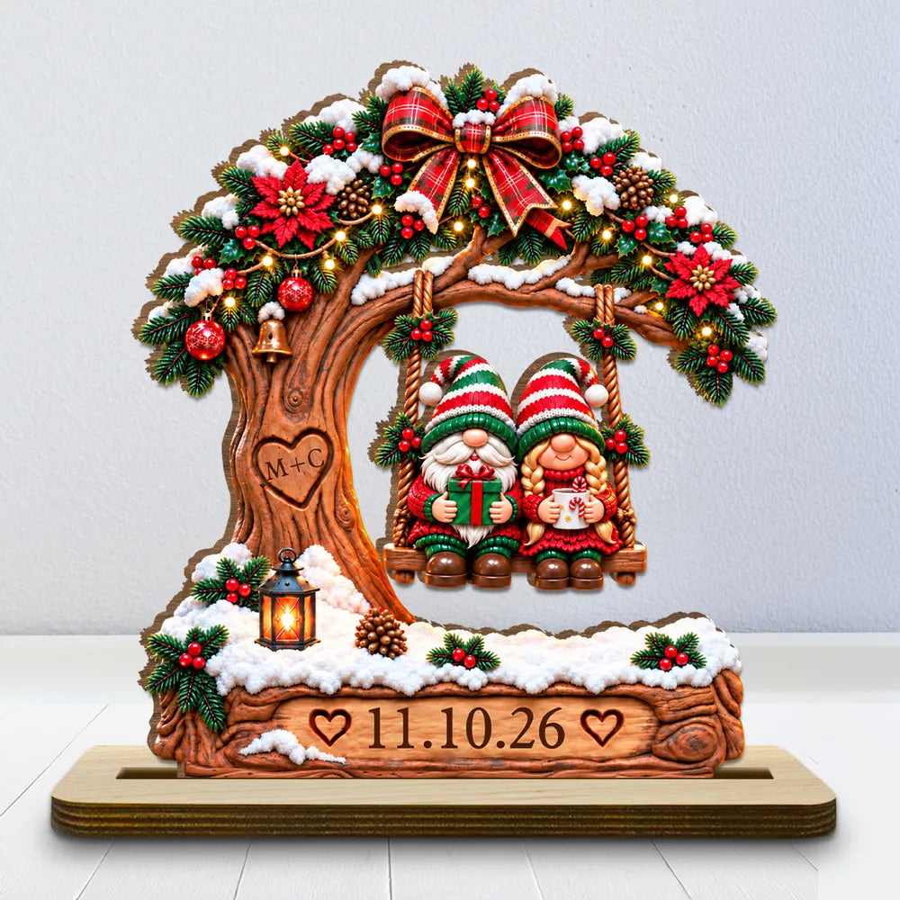 Personalized 2-Layer Wooden Plaque, Christmas Gnome Couple on Snowy Tree Swing, Unique Gift for Couples