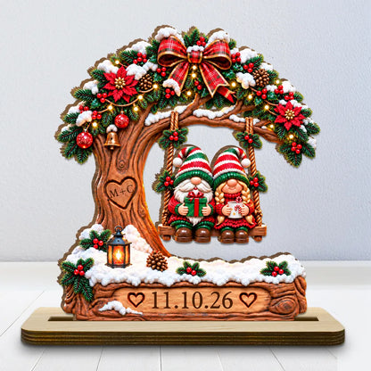 Personalized 2-Layer Wooden Plaque, Christmas Gnome Couple on Snowy Tree Swing, Unique Gift for Couples