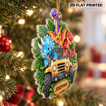 Personalized Acrylic Ornament, Colorful Dinosaurs Riding an Adventure Jeep, Unique Christmas Gift for Kids