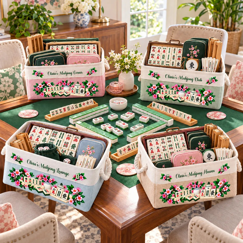 Personalized Rope Basket with Floral Mahjong Art, Warm Neutral Storage and Unique Gift for Players