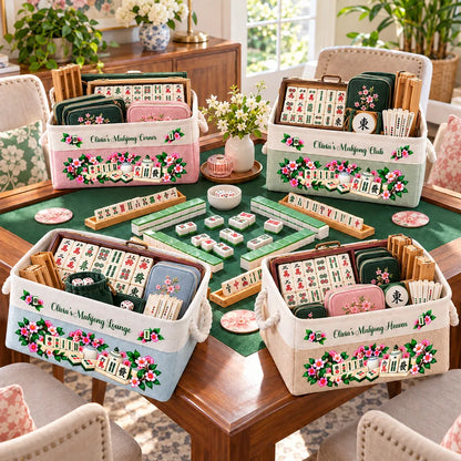 Personalized Rope Basket with Floral Mahjong Art, Warm Neutral Storage and Unique Gift for Players
