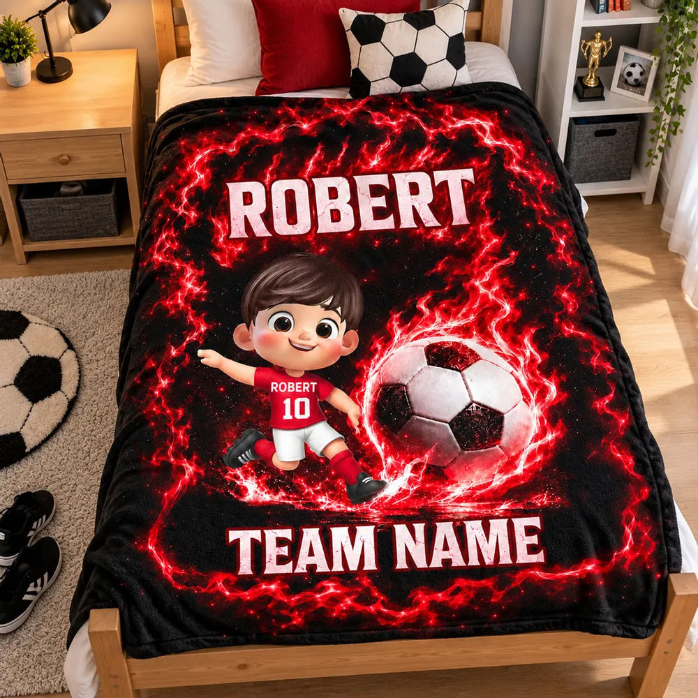 Personalized Fleece Blanket, Electric Blue Cartoon Child Kicking a Soccer Ball, Unique Gift for Young Players