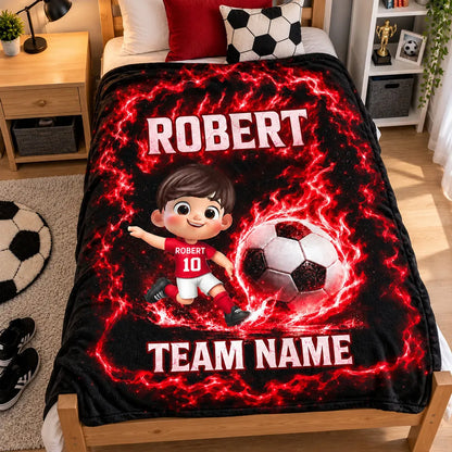 Personalized Fleece Blanket, Electric Blue Cartoon Child Kicking a Soccer Ball, Unique Gift for Young Players