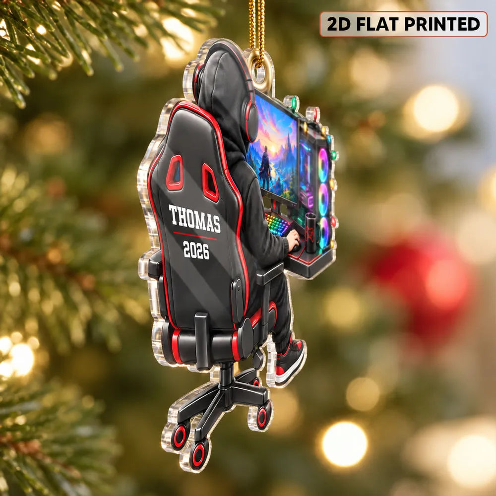 Personalized Acrylic Ornament, Seated Gamer at RGB Setup, Unique Creative Christmas Gift for Gamers