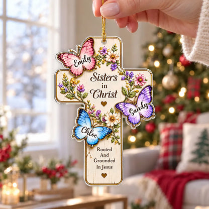 Personalized Acrylic Ornament, Sisters in Christ Floral Butterfly Cross, Unique Christmas Gift for Faithful Friends
