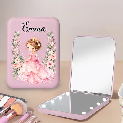 Personalized LED Pocket Mirror with Seated Mermaid and Resting Unicorn, Unique Gift for Girls