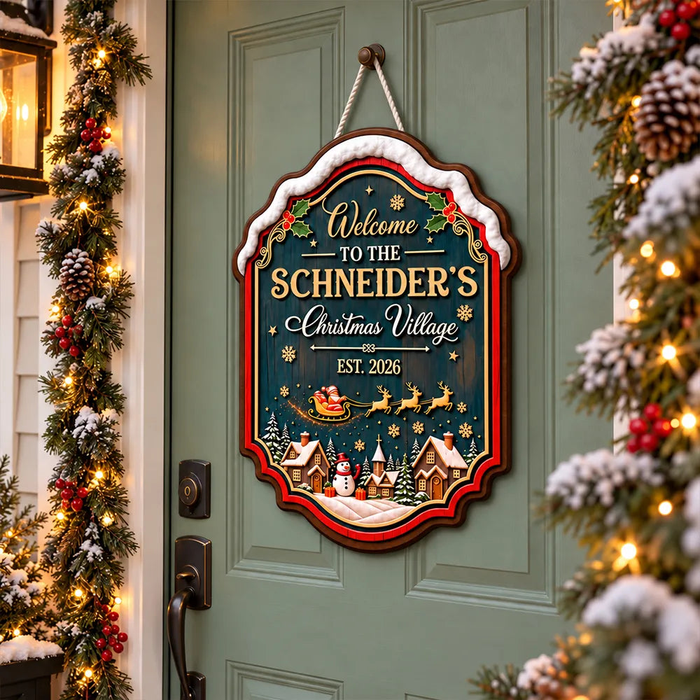 Personalized Wooden Sign with Vintage Christmas Village, Teal Red & Gold Door Decor, Unique Gift for Family