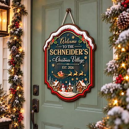 Personalized Wooden Sign with Vintage Christmas Village, Teal Red & Gold Door Decor, Unique Gift for Family