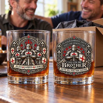 Personalized Whiskey Glass with Armored Knights, Unique Gift for Brother in Red, Black and Gold