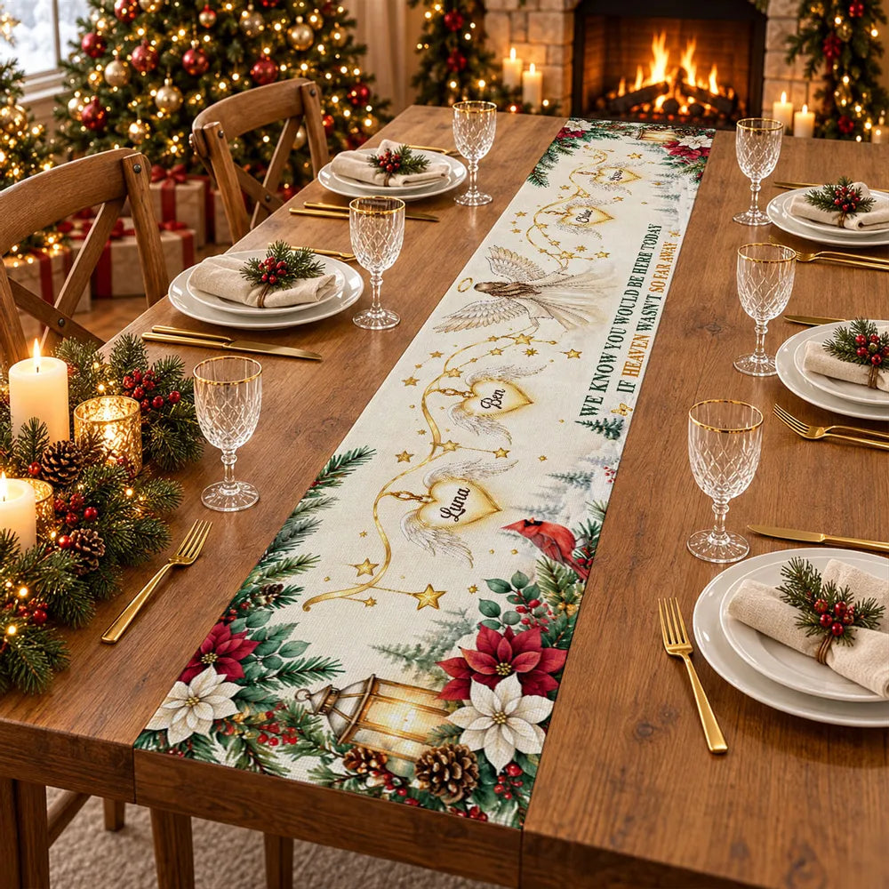 Personalized Table Runner with Angel in a Snowy Christmas Scene, Unique Memorial Gift for Family