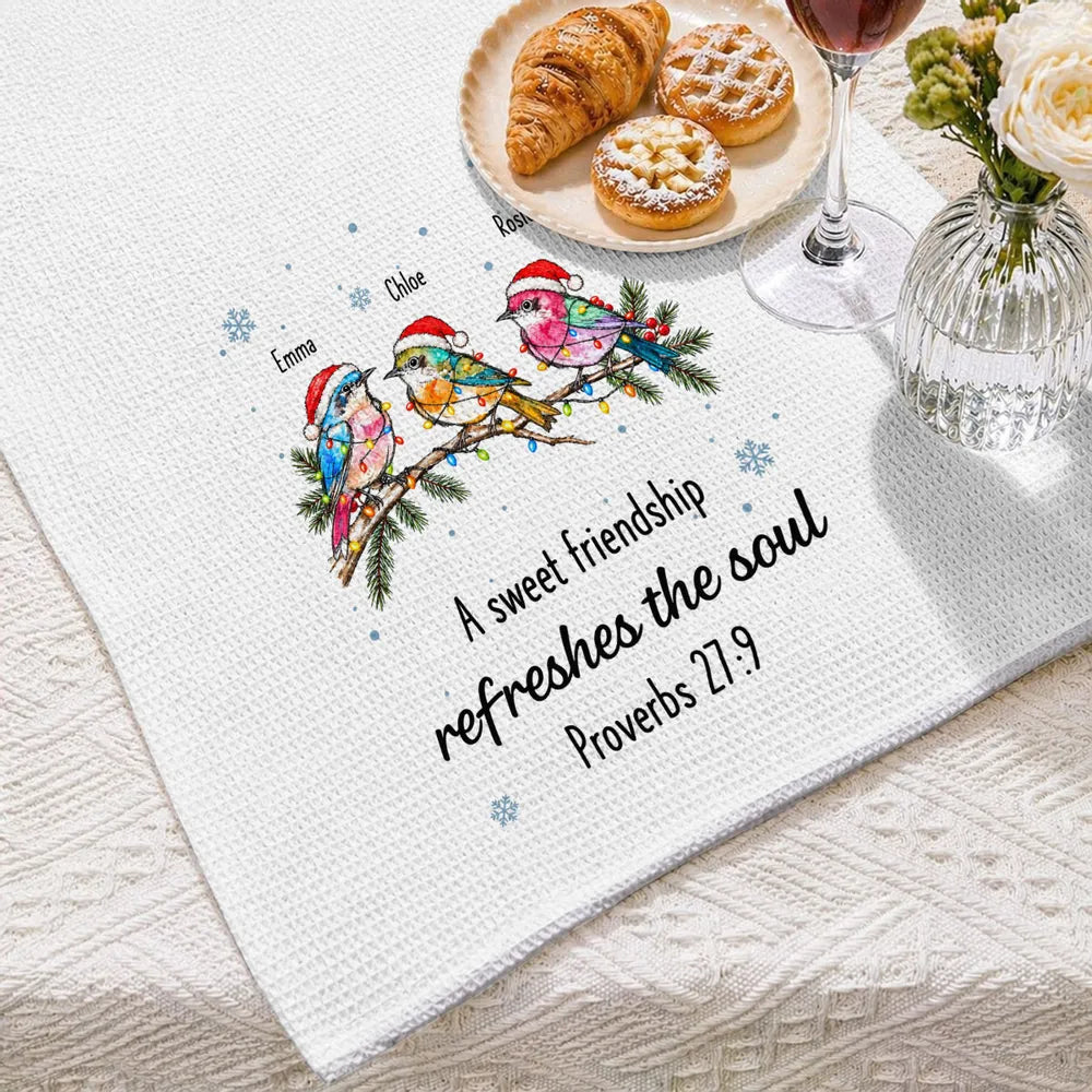 Personalized Kitchen Towel, Colorful Birds Perched on Evergreen, Unique Creative Gift for a Close Friend