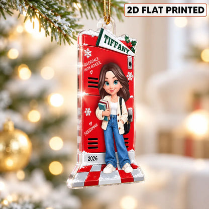 Personalized Acrylic Ornament, Student Holding Books by a Festive School Locker, Unique Christmas Gift for Daughter
