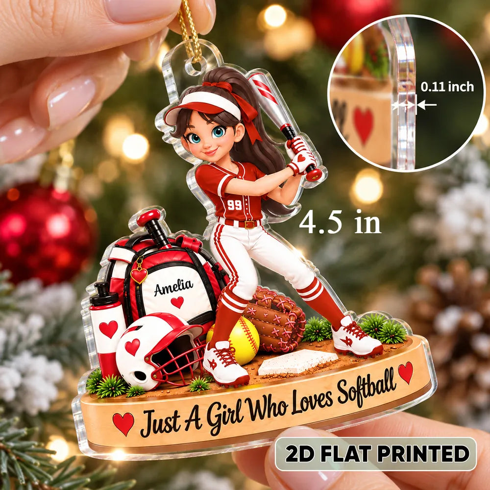 Personalized Acrylic Ornament, Cartoon Softball Player Swinging a Bat, Unique Christmas Gift for Daughter