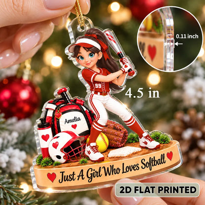 Personalized Acrylic Ornament, Cartoon Softball Player Swinging a Bat, Unique Christmas Gift for Daughter