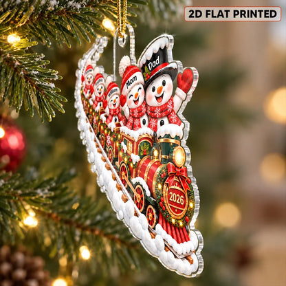 Personalized Acrylic Ornament, Snowman Family Train in Festive Red, Unique Christmas Gift for Grandparents