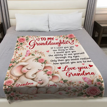 Personalized Fleece Blanket with Cuddling Elephants & Pink Florals, Unique Gift for Granddaughter
