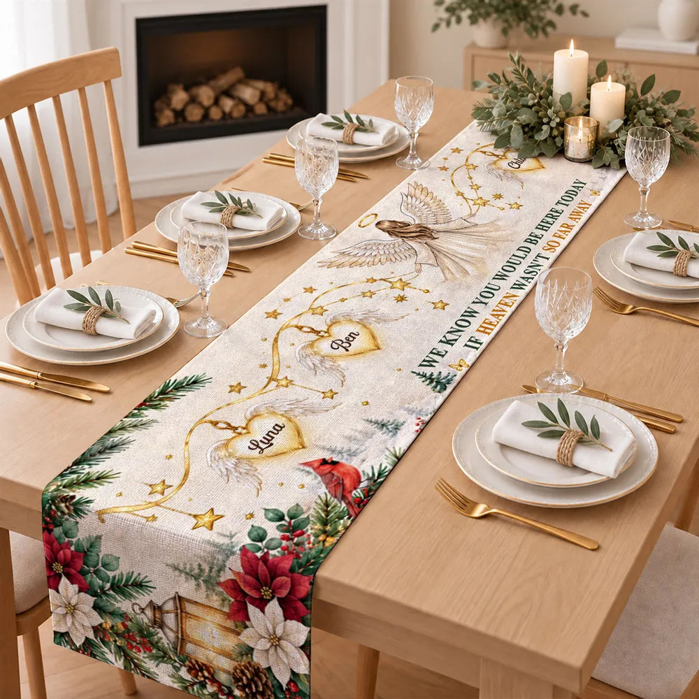 Personalized Table Runner with Angel in a Snowy Christmas Scene, Unique Memorial Gift for Family