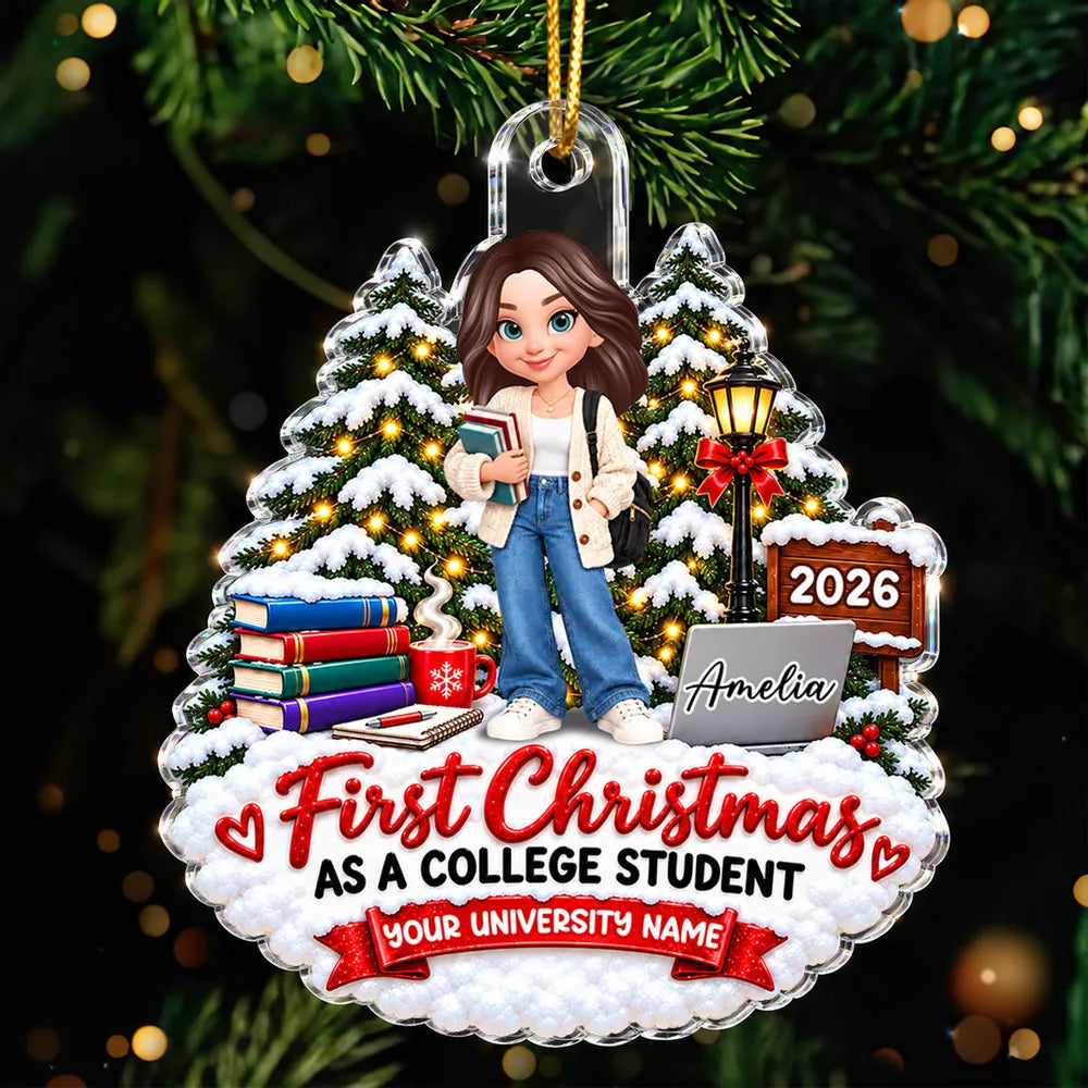 Personalized Acrylic Ornament, College Student Holding Books in a Snowy Christmas Scene, Unique Gift for Daughter