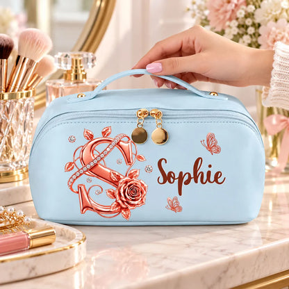 Personalized Leather Makeup Bag, Blush Rose and Butterfly Design, Unique Gift for Her