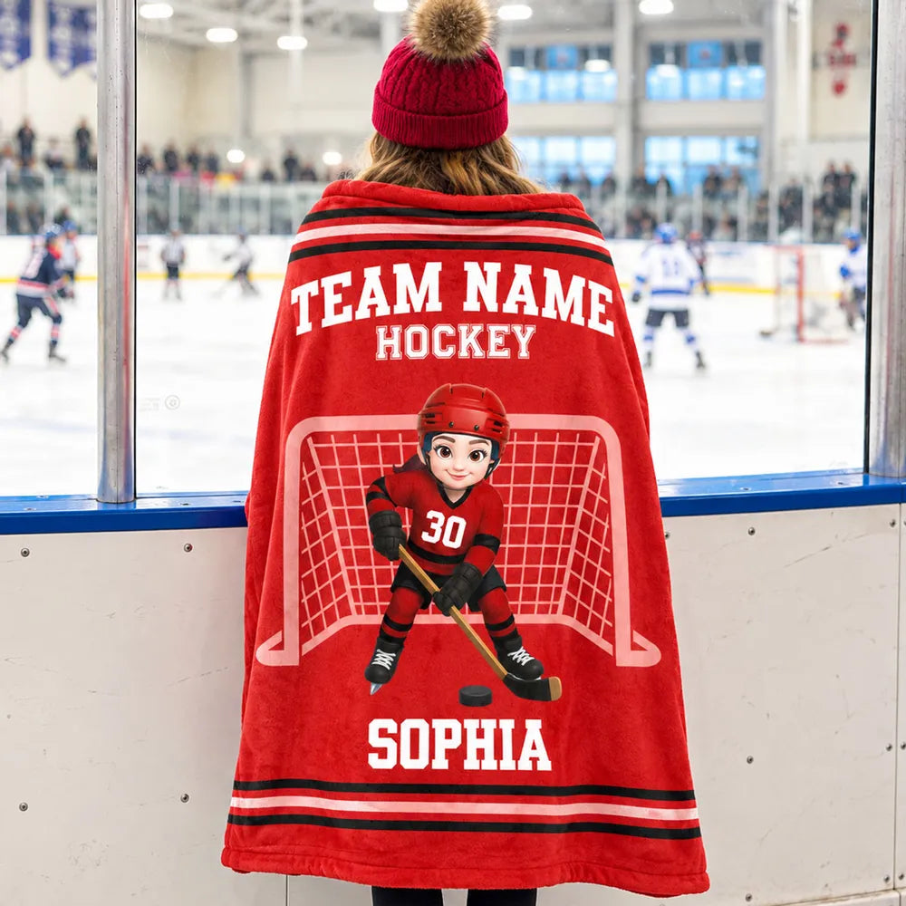 Personalized Fleece Blanket, Blue Hockey Player Goal Scene, Creative Keepsake Gift for Son or Grandson