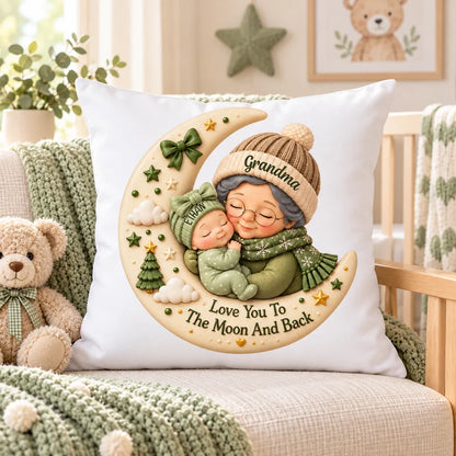 Personalized Square Pillow with Hugging Grandma and Baby on a Christmas Moon, Unique Gift for Grandma