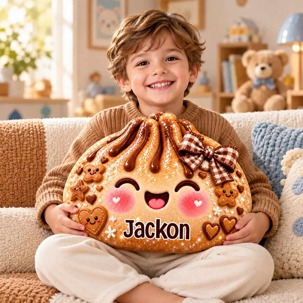 Personalized Shaped Pillow, Cute Winter Character Hugged by Smiling Kids, Unique Gift for a Cozy Bedroom