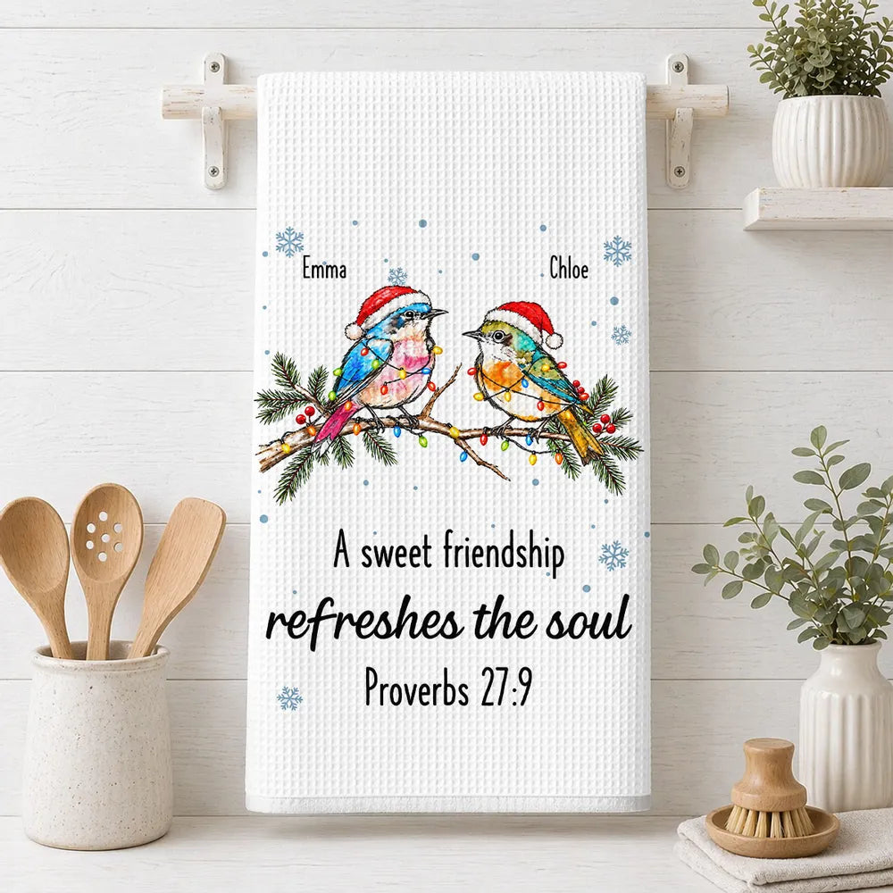 Personalized Kitchen Towel, Colorful Birds Perched on Evergreen, Unique Creative Gift for a Close Friend
