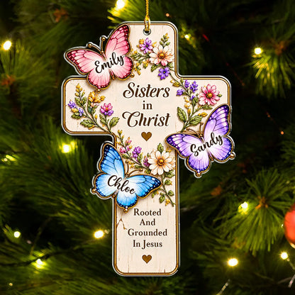 Personalized Acrylic Ornament, Sisters in Christ Floral Butterfly Cross, Unique Christmas Gift for Faithful Friends