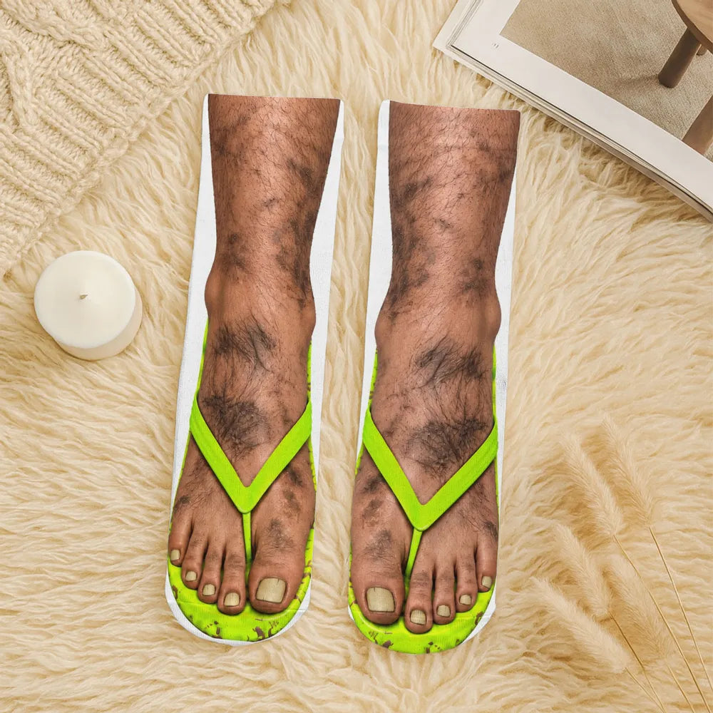 Personalized Crew Socks, Realistic Furry Feet in Green Flip Flops, Creative Gag Gift for Him or Her