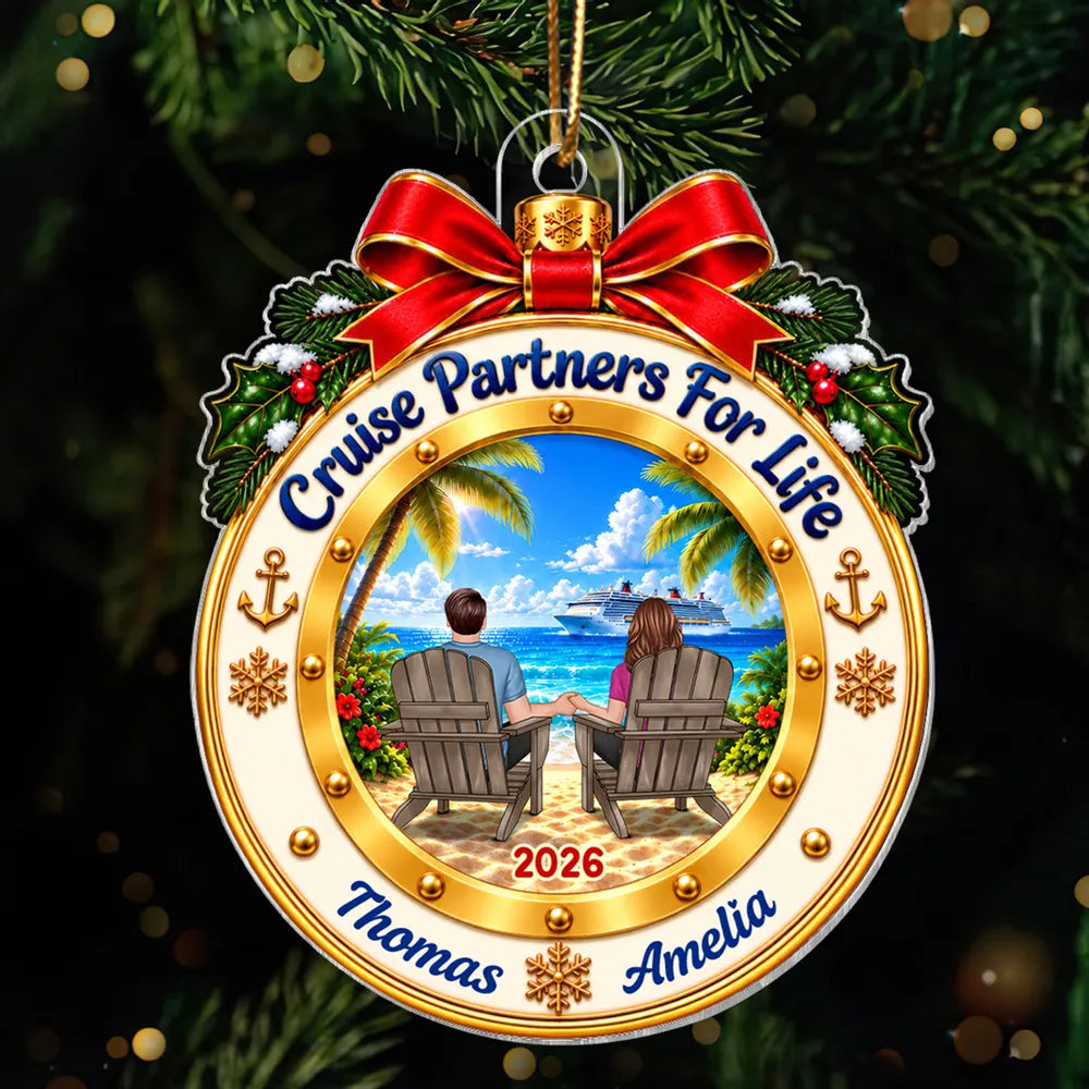 Personalized Acrylic Ornament, Cruise Couple Holding Hands on Sunny Beach, Unique Christmas Gift for Partners
