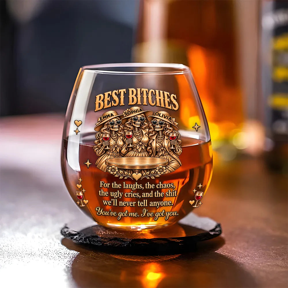 Personalized Whiskey Glass with Sassy Skeleton Friends Holding Drinks, Unique Gift for Close Friends