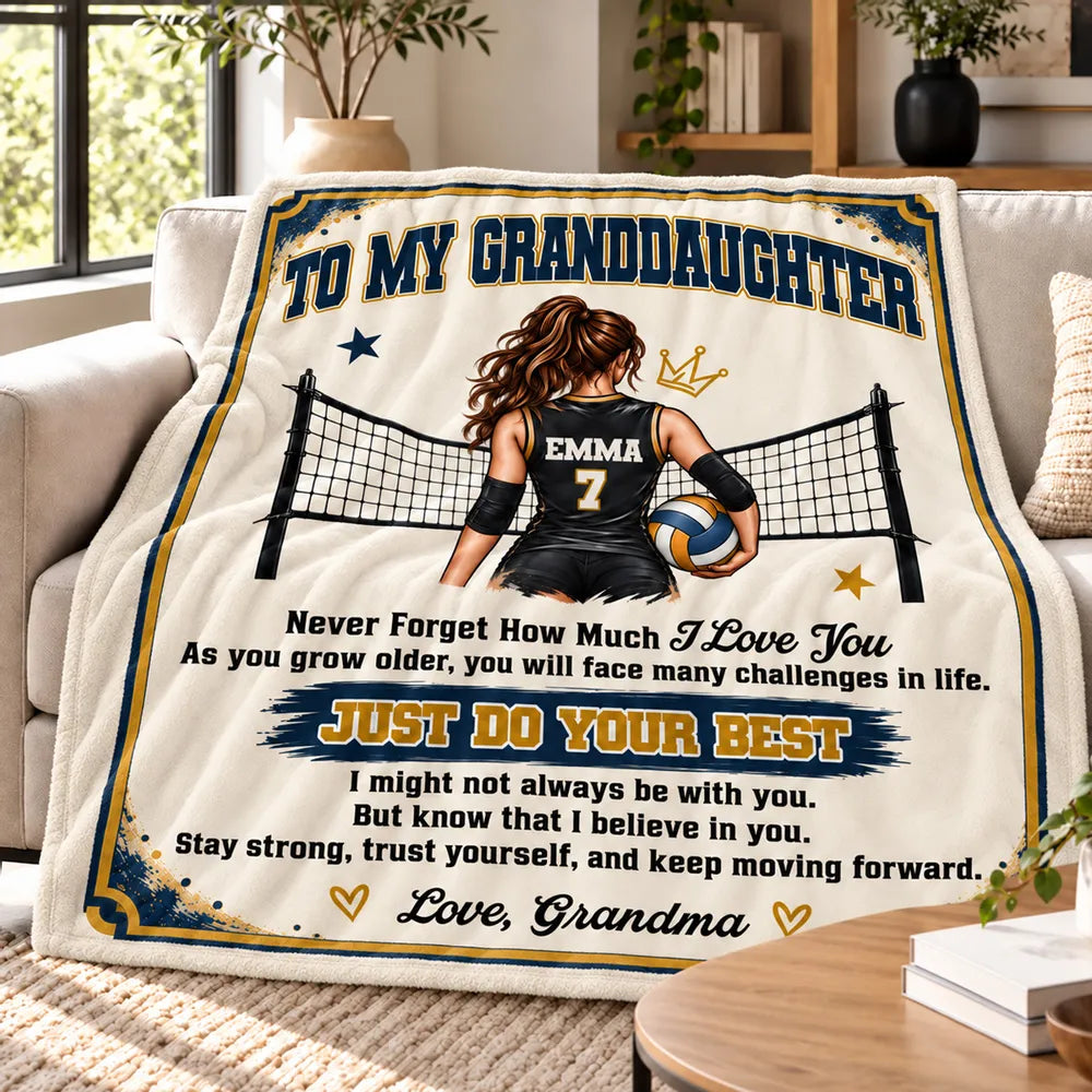 Personalized Fleece Blanket, Navy and Gold Volleyball Player by Net, Unique Gift for Granddaughter