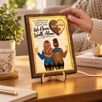 Personalized Wooden LED Plaque, Best Friends Embracing in Warm Light, Unique Friendship Gift