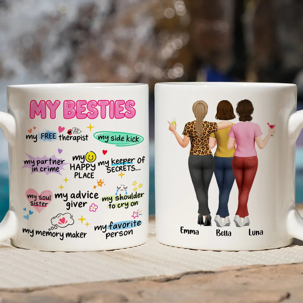 Personalized Mug, Friends Arm in Arm with Playful Pink Sayings, Unique Creative Gift for Close Friends