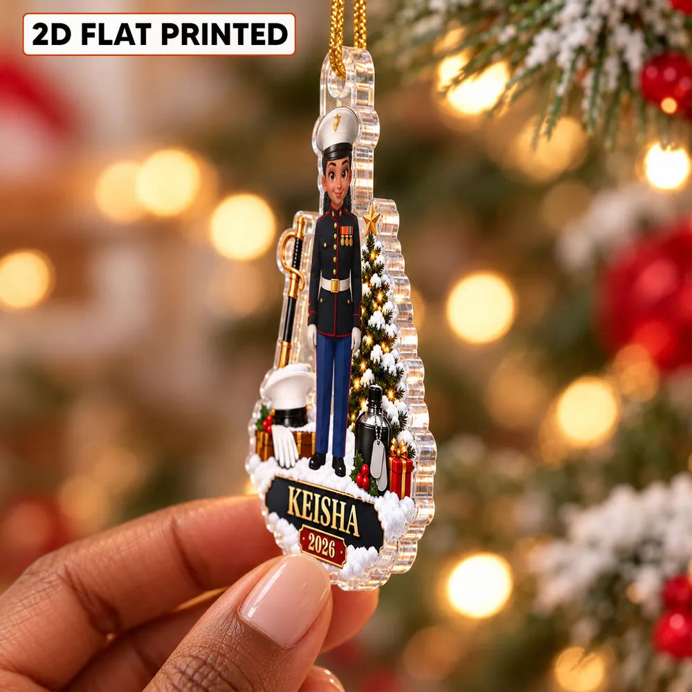 Personalized Acrylic Ornament, Marine in Dress Uniform Beside a Snowy Christmas Tree, Unique Gift for Service Members