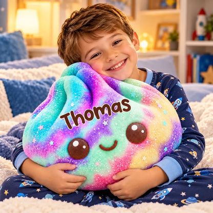 Personalized Rainbow Shaped Pillow, Cute Smiling Character Hugged by a Child, Unique Gift for Kids