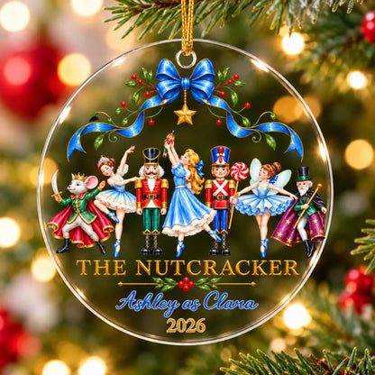 Personalized Nutcracker Crystal Ornament, Ballet Dancers Beneath a Blue Bow, Unique Christmas Gift for Dancers
