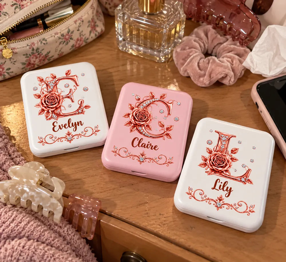 Personalized LED Pocket Mirror, Floral Design for Makeup Touch-Ups at a Sunny Cafe, Unique Gift for Her