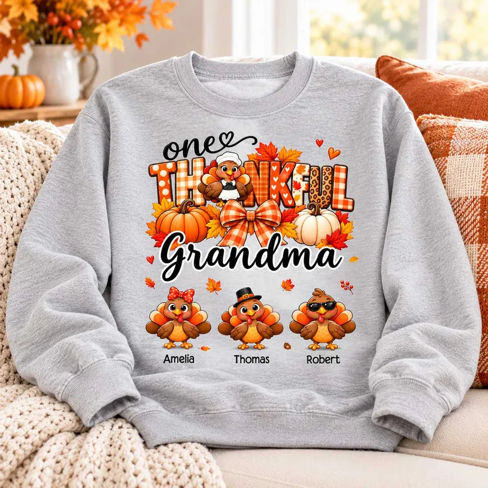 Grandma Sweatshirt with Autumn Turkeys, Pumpkins and Leaves, Personalized Heartwarming Creative Gift for Thanksgiving