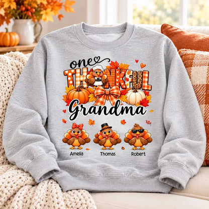 Grandma Sweatshirt with Autumn Turkeys, Pumpkins and Leaves, Personalized Heartwarming Creative Gift for Thanksgiving