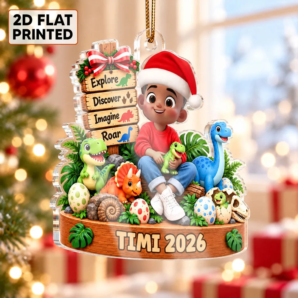 Personalized Acrylic Ornament, Sitting Child With Colorful Dinosaurs, Unique Christmas Gift for Young Fans